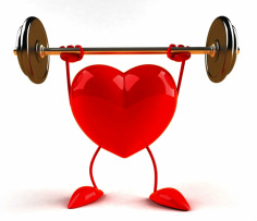 Image of a heart with arms and legs. It is standing and holding a set of weights over its head.