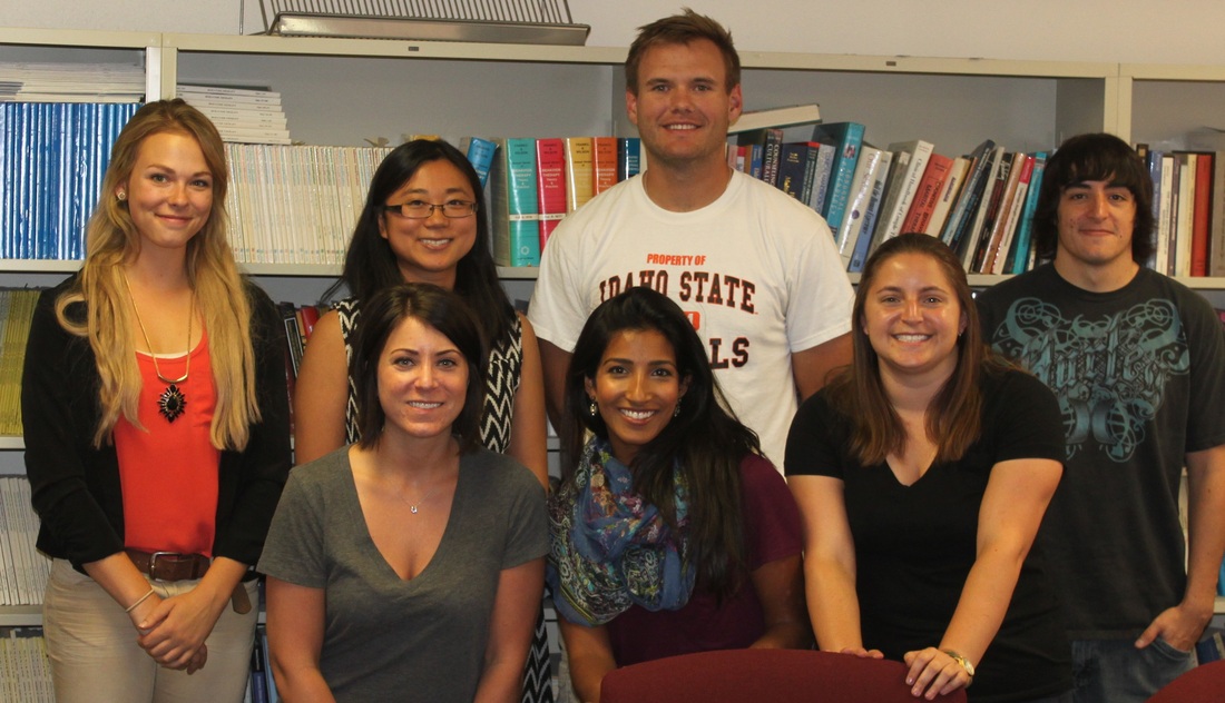 Picture of the first Xu lab meeting in Fall 2014. Top row (from left): Danielle Correll, Dr. Xu, Tyler Stenersen, Travis Mize Bottom row (from left): Samantha Tupy, Jabeene Bhimji, Ariana Tart-Zelvin