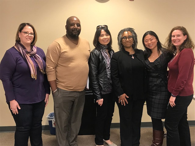 Group photo at Dr. Barbara Wood Roberts' successful dissertation defense. Group pictured are Dr. Kellee Kirkpatrick, Dr. Henry Evans, Dr. Maria Wong, Dr. Barbara Wood Roberts, Dr. Xu, and Dr. Shannon Lynch. 