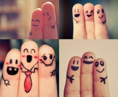 Collage of four pictures. Each has fingers with faces drawn on them. The finger-people are laughing and being social.