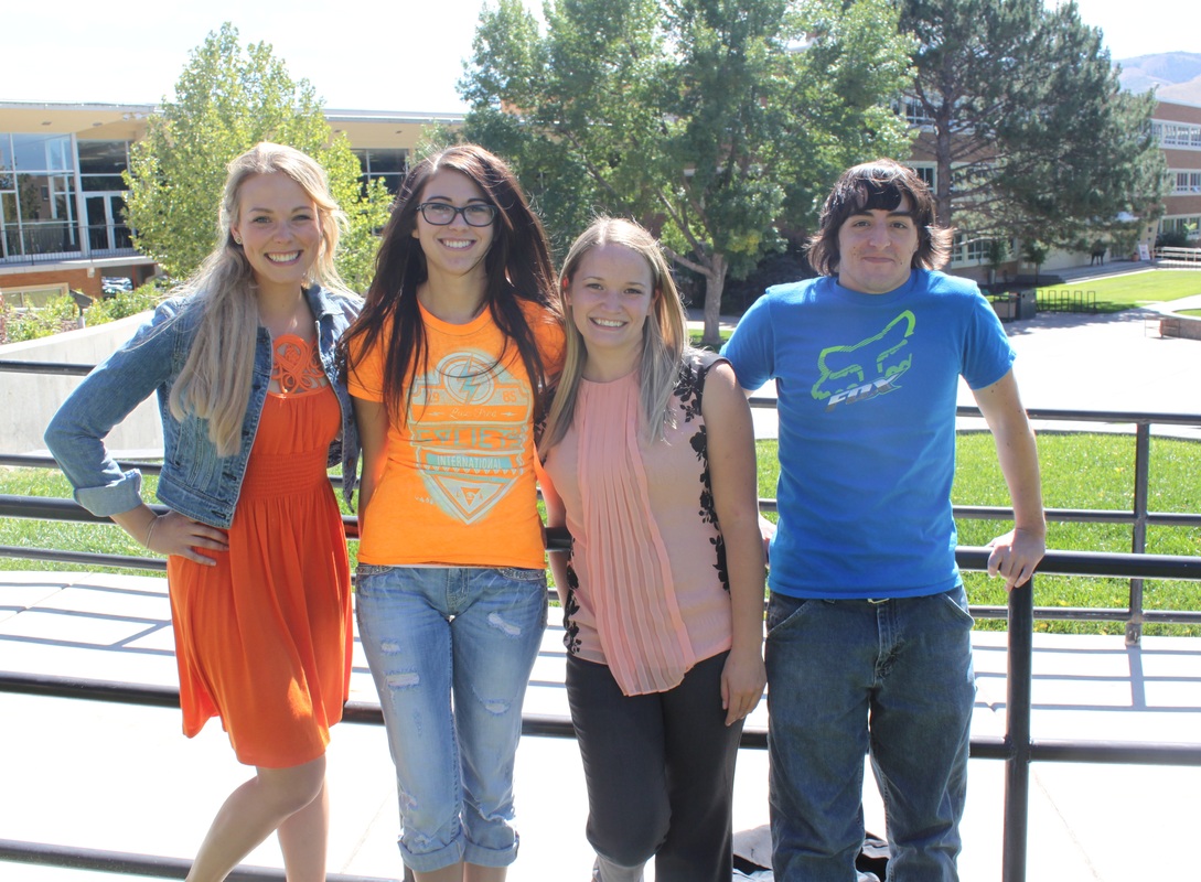 Picture of the lab's research assistants outdoors on Idaho State University's campus. Undegraduate Research Assistants (from left): Dani, Ashley, Emily, Travis