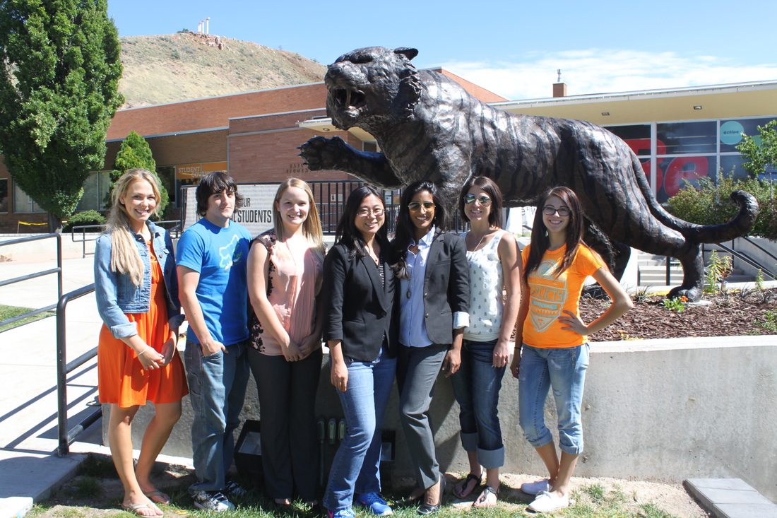 Picture of lab in front of ISU's Bengal Tiger statue. From left: Dani Correll, Travis Mize, Emily Rittenhouse, Dr. Xu, Jabenne Bhimji, Samantha Tupy, Ashley Miller