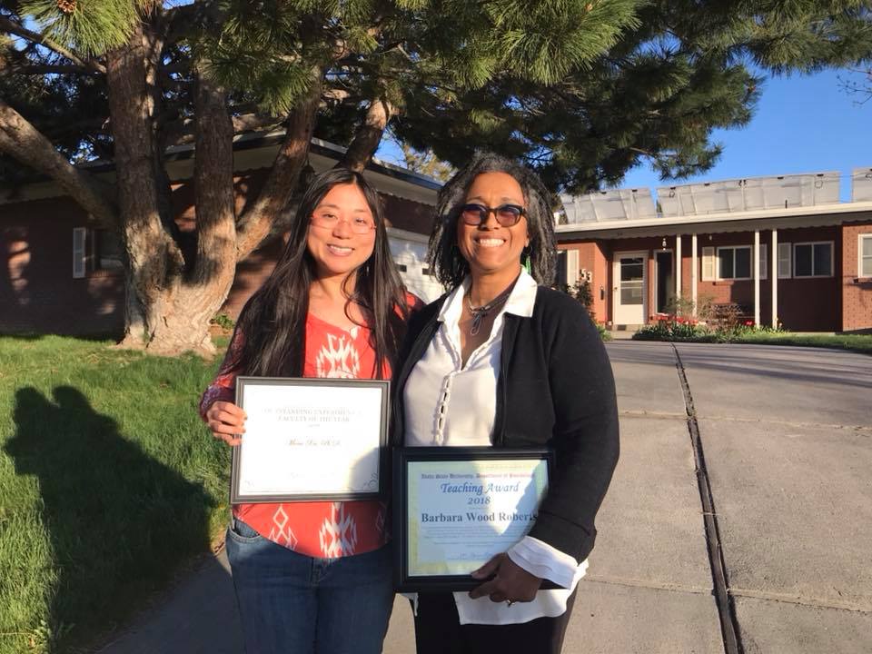 Dr. Xu and Dr. Barbara Wood Roberts after receiving the 2018 Outstanding Experimental Psychology Faculty Award and the 2018 Psychology Graduate Teaching Award